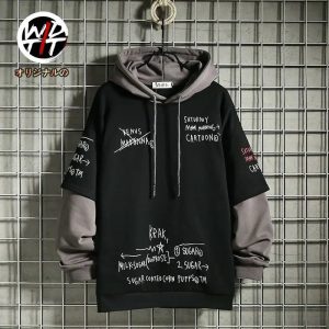 Retro Mock Two-Piece Hooded Sweatshirt – Men’s Fleece-Lined Korean Hip-Hop Hoodie for Spring/Autumn