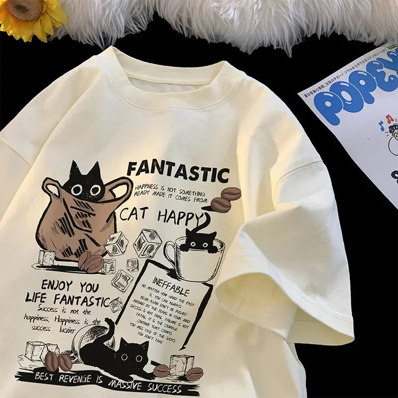 New Men & Women Oversized Korean Version Cartoon Cat Group Printed T-Shirt