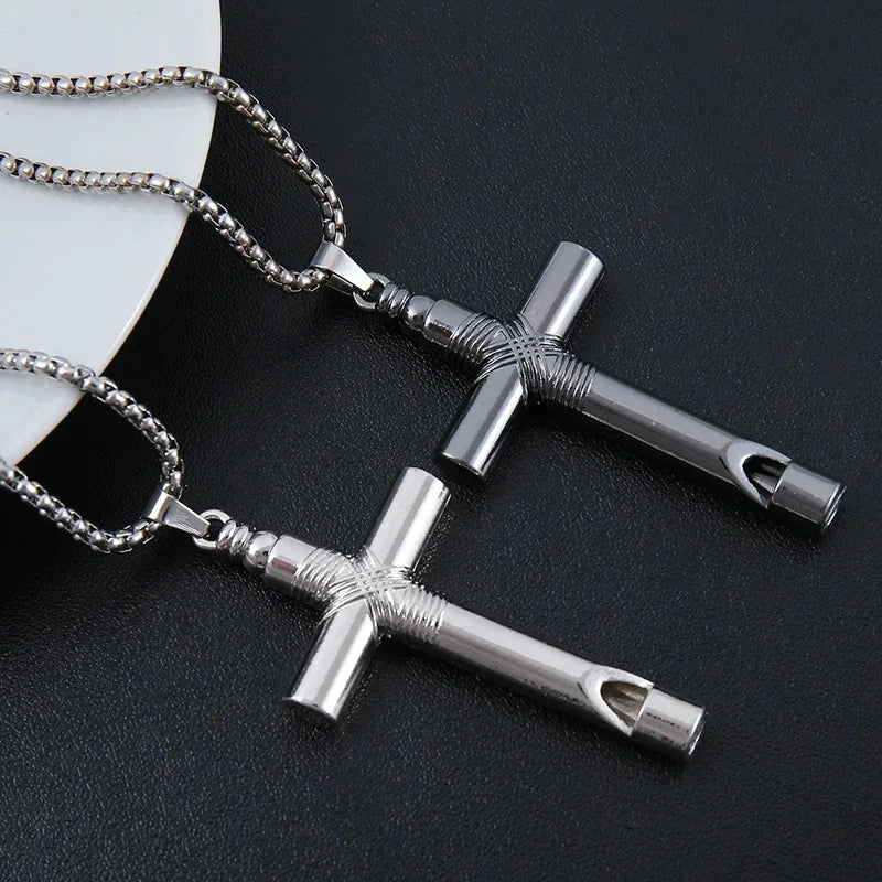 HNSP Stainless Steel Whistle Cross Pendant – Men's Chain Necklace - Image 2