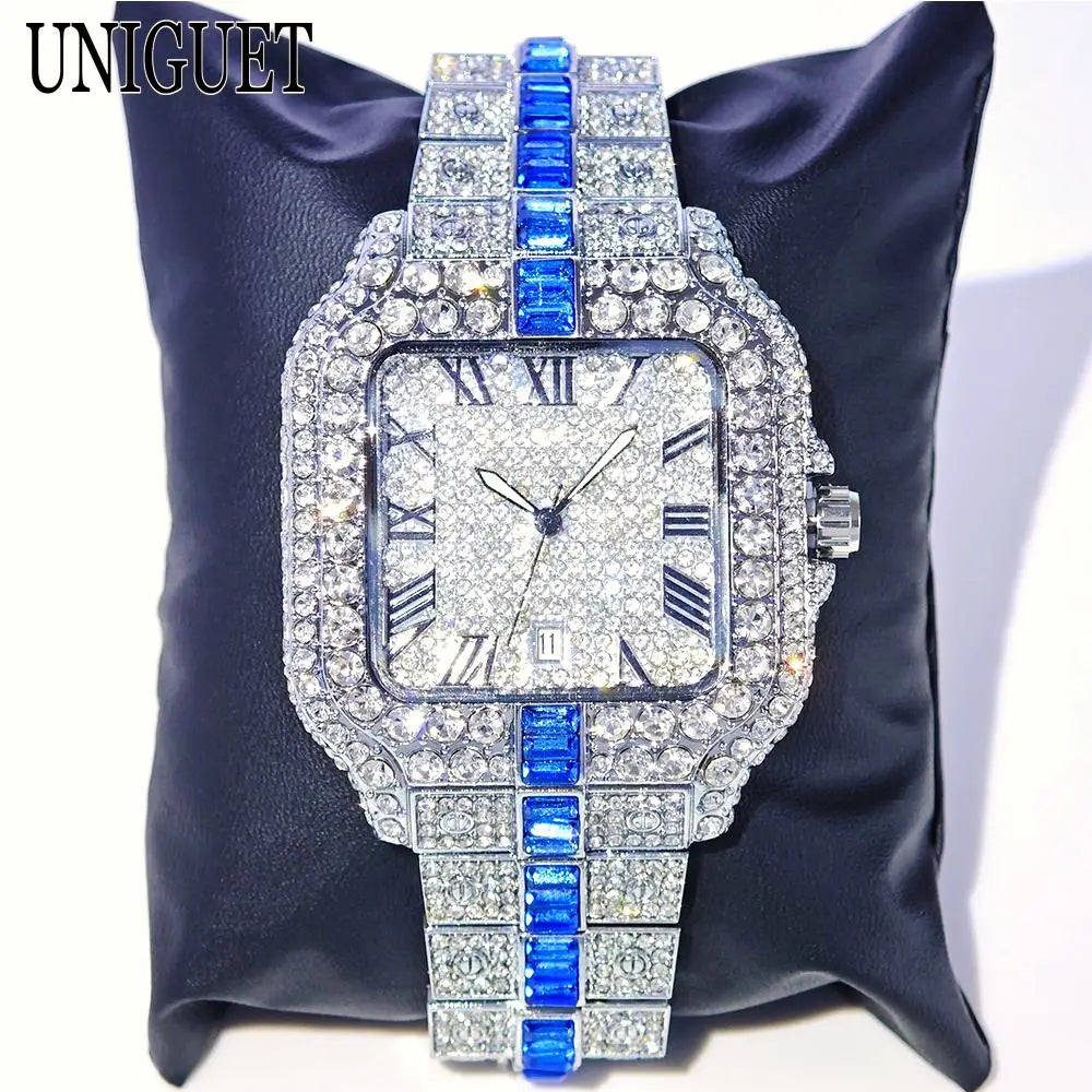 UNIGUET Full Diamond Iced-Out Watch – Square Quartz Hip Hop Wristwatch for Men - Image 4