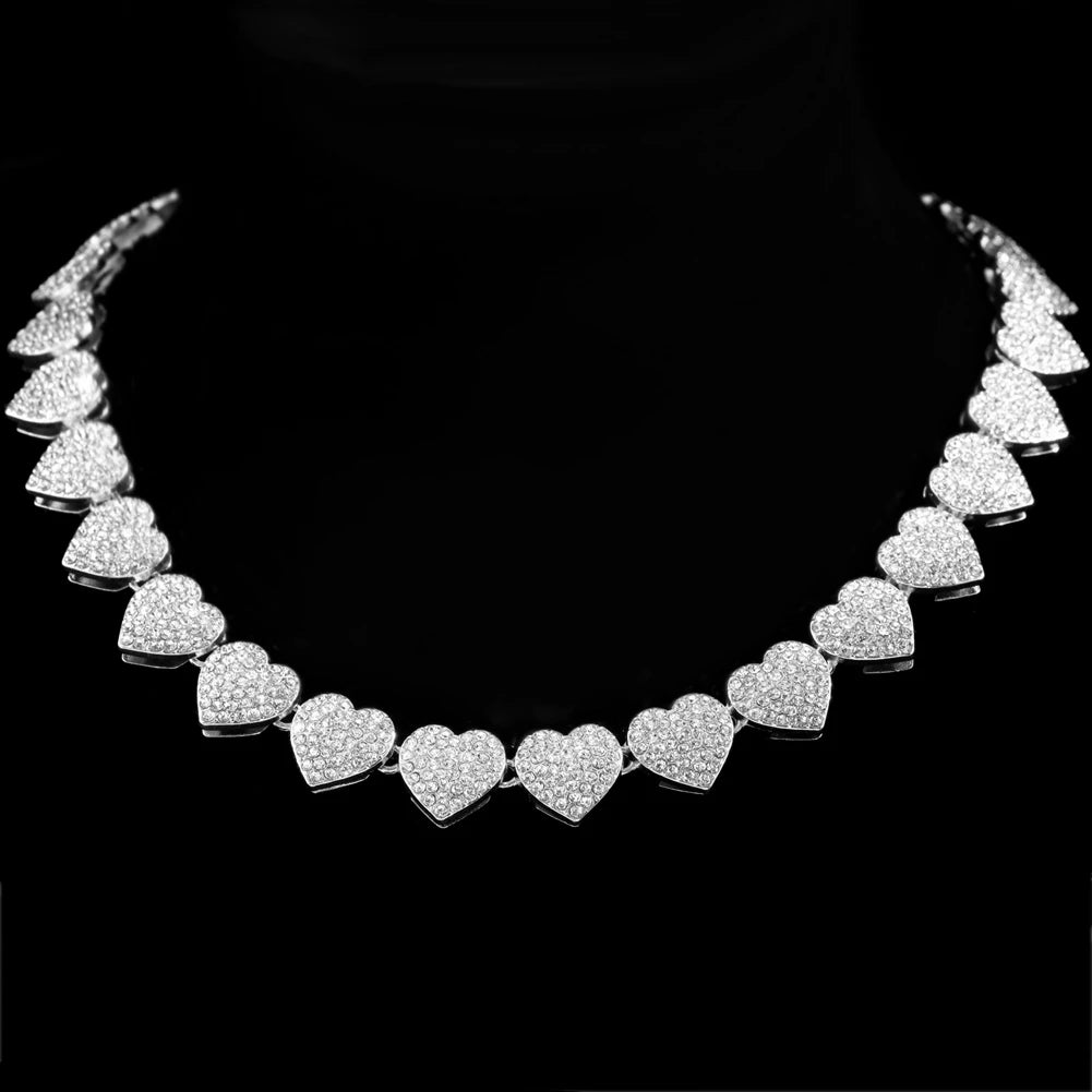 Bling Luxury Paved Crystal Heart Cuban Link Chain Necklace - Image 11