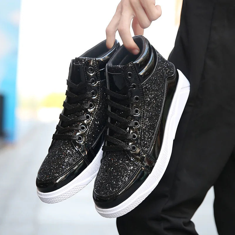 2022 Fashion Men’s High-Top Sneakers – Gold Glitter Streetwear Hip Hop Ankle Boots - Image 5