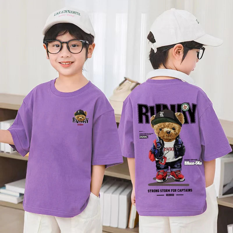2025 Children's Clothing American Vintage Bear Print Graphic T Shirts Boys Summer Cotton Short-sleeved T-shirt Tops Streetwear - Image 16