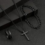 3pcs/Set Punk Black Cross Jewelry – Men's Necklace, Thick Chain Bracelet & Ring Set