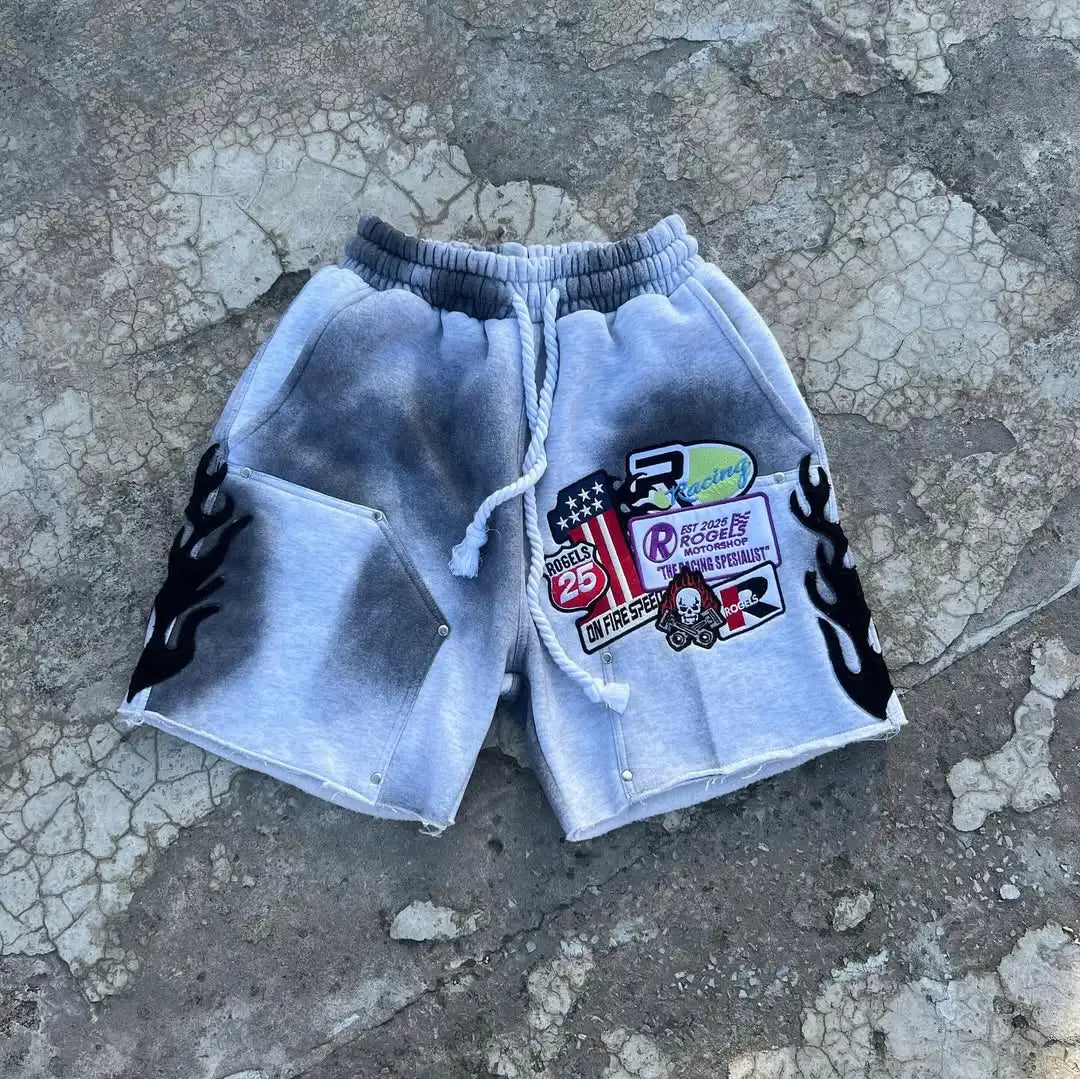 American Harajuku Blue Flame Rhinestone Shorts – Men’s Loose Wide-Leg Streetwear Jeans - Image 4